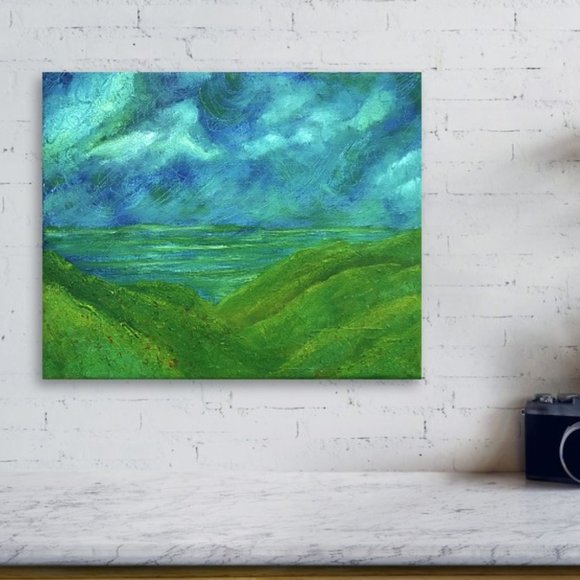 Coastal Mountains Original Oil Painting Signed Art Ocean Sea Beach Artwork